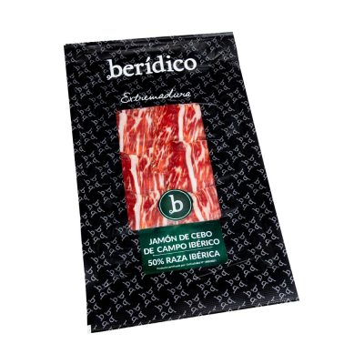 Jamón de Cebo de Campo Ibérico, 50% raza ibérica, cortado a cuchillo y envasado al vacío. Sobre individual.